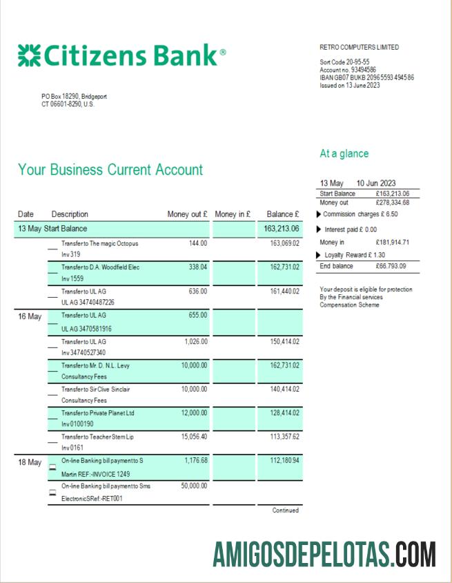 Em branco Citizens Bank Firm Statement modelo Word e PDF